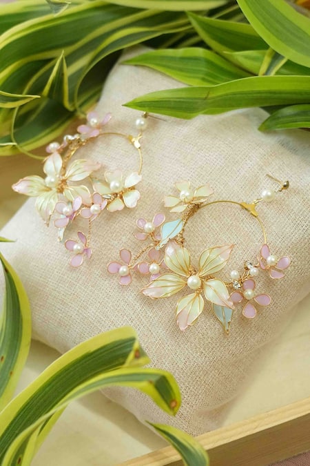Floristaa by mahek_Multi Color Pearls, Stones Riva Floral Metallic Earrings Hathphool Set_Online_at_Aza_Fashions