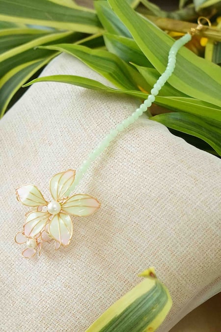 Shop_Floristaa by mahek_Multi Color Pearls, Stones Riva Floral Metallic Earrings Hathphool Set_Online_at_Aza_Fashions