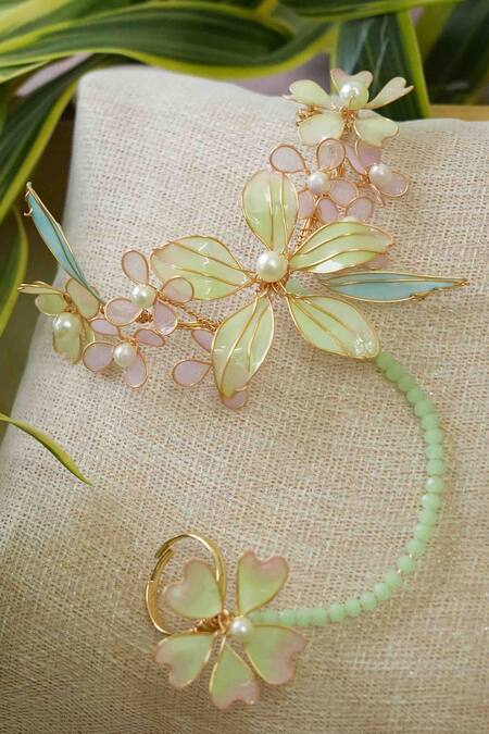 Floristaa by mahek_Multi Color Pearls, Stones Riva Floral Metallic Earrings Hathphool Set_at_Aza_Fashions