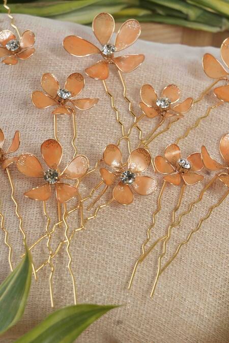 Floristaa by mahek_Multi Color Pearls, Stones Zara Floral Carved Pins - Set Of 12_Online_at_Aza_Fashions