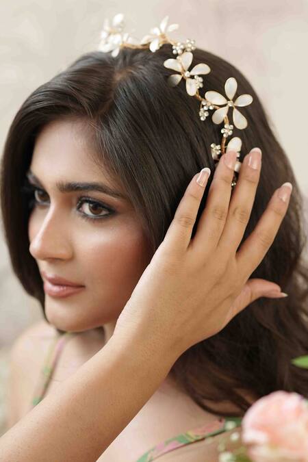 Floristaa by mahek_White Pearls, Stones Daisy Flora Tiara Headband_Online_at_Aza_Fashions