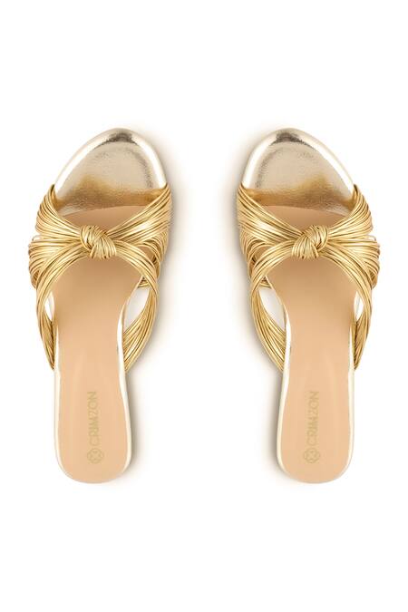 Shop CRIMZON Gold Elyse Knotted Wedges at Aza Fashions Shop_CRIMZON_Gold Elyse Knotted Wedges_at_Aza_Fashions