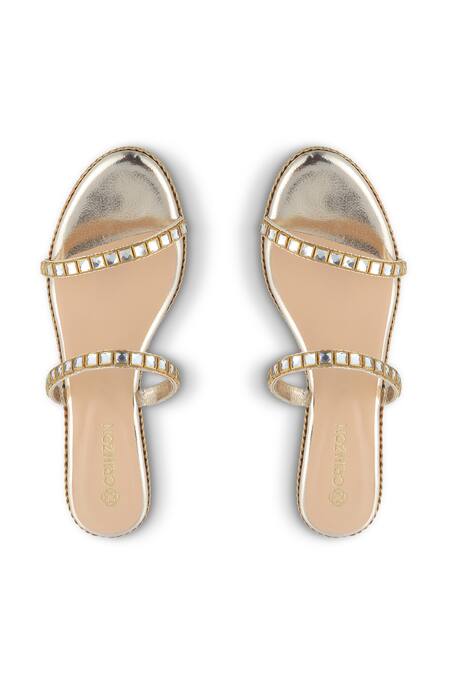 Shop_Crimzon_Gold Stone Zoya Studded Wedges _at_Aza_Fashions