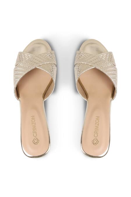 Shop CRIMZON Gold Aiyana Criss Cross Wedges at Aza Fashions Shop_CRIMZON_Gold Aiyana Criss Cross Wedges_at_Aza_Fashions