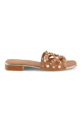 CRIMZON_Brown Bella Stone Strap Embellished Flats_Online_at_Aza_Fashions