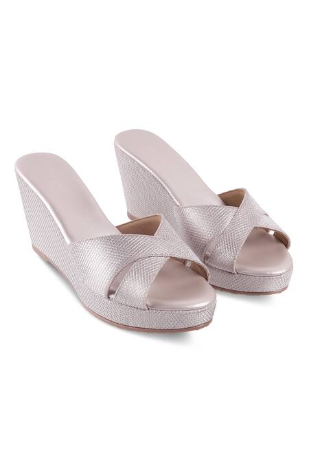 Buy CRIMZON Rose Gold Glitter Aiyana Textured Cross Strap Wedges at Aza Fashions Buy_CRIMZON_Rose Gold Glitter Aiyana Textured Cross Strap Wedges_at_Aza_Fashions