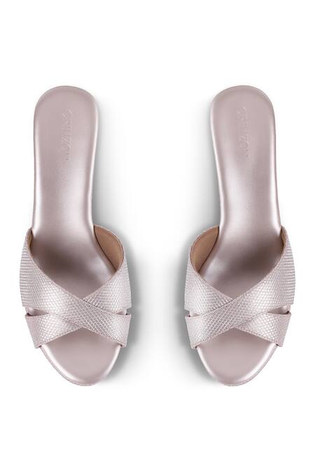 Shop CRIMZON Rose Gold Glitter Aiyana Textured Cross Strap Wedges at Aza Fashions Shop_CRIMZON_Rose Gold Glitter Aiyana Textured Cross Strap Wedges_at_Aza_Fashions