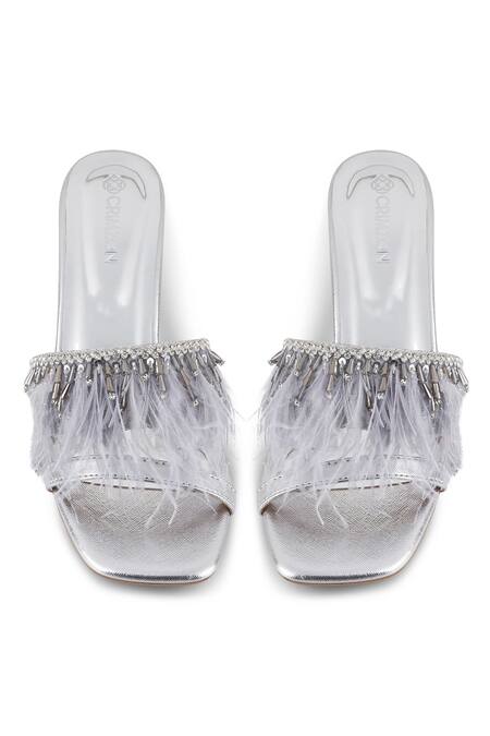 Shop CRIMZON Silver Beads, Fringe Victoria Embellished Heels at Aza Fashions Shop_CRIMZON_Silver Beads, Fringe Victoria Embellished Heels_at_Aza_Fashions
