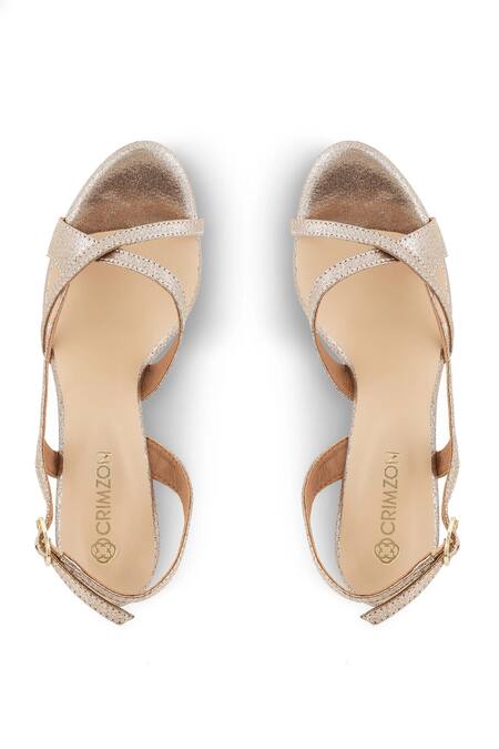 Shop CRIMZON Gold Glitter Catherine Cross Strap Design Stilettos at Aza Fashions Shop_CRIMZON_Gold Glitter Catherine Cross Strap Design Stilettos_at_Aza_Fashions