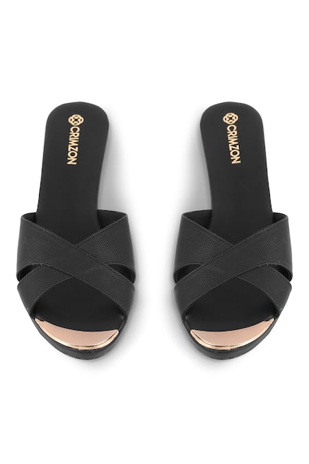 Shop CRIMZON Black Aiyana Cross Strap Design Wedges at Aza Fashions Shop_CRIMZON_Black Aiyana Cross Strap Design Wedges_at_Aza_Fashions