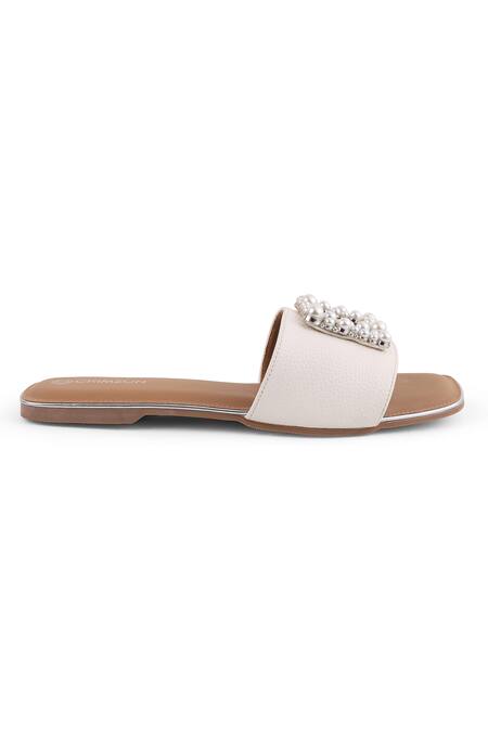 CRIMZON_White Cutout Pearl Work Flats_Online_at_Aza_Fashions