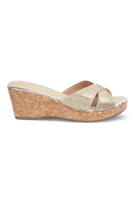 CRIMZON_Gold Aiyana Glimmery Cross Strap Wedges_Online_at_Aza_Fashions