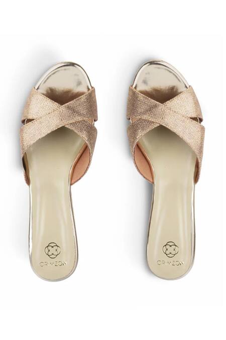 Shop CRIMZON Gold Aiyana Glimmery Criss Cross Strap Wedges at Aza Fashions Shop_CRIMZON_Gold Aiyana Glimmery Criss Cross Strap Wedges_at_Aza_Fashions