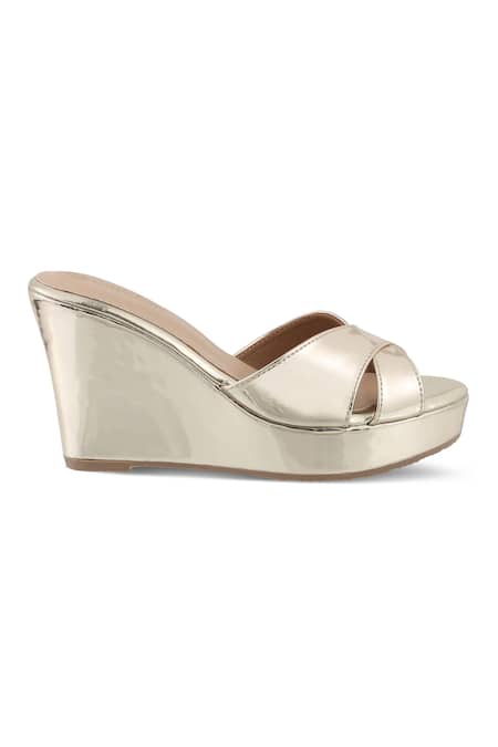 CRIMZON Gold Aiyana Metallic Cross Strap Wedges Online at Aza Fashions CRIMZON_Gold Aiyana Metallic Cross Strap Wedges_Online_at_Aza_Fashions