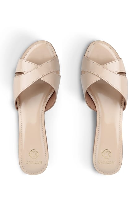Shop CRIMZON Beige Aiyana Glossy Cross Strap Wedges at Aza Fashions Shop_CRIMZON_Beige Aiyana Glossy Cross Strap Wedges_at_Aza_Fashions