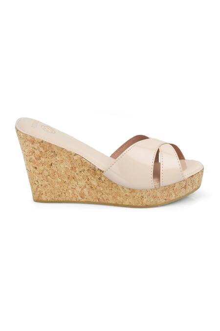 CRIMZON_Beige Aiyana Glossy Criss Cross Strap Wedges_Online_at_Aza_Fashions