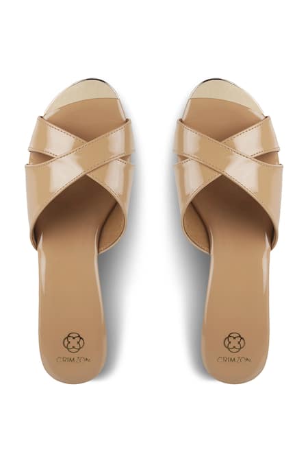 Shop_CRIMZON_Brown Aiyana Cross Strap Slip On Wedges_at_Aza_Fashions