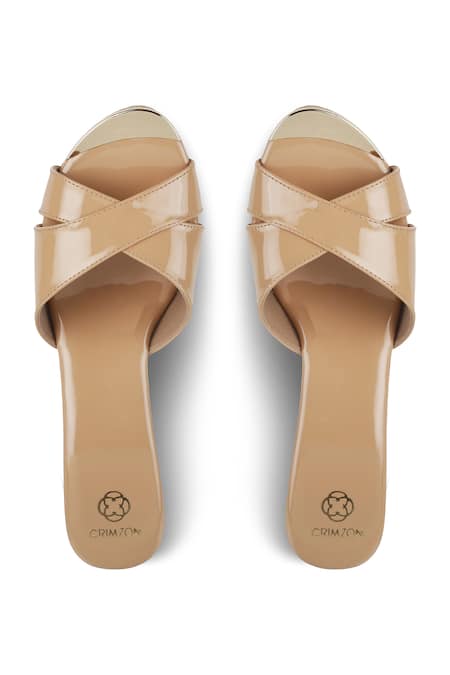 Shop CRIMZON Brown Aiyana Criss Cross Strap Slip On Wedges at Aza Fashions Shop_CRIMZON_Brown Aiyana Criss Cross Strap Slip On Wedges_at_Aza_Fashions