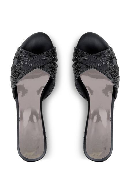Shop CRIMZON Black Sequins Aiyana Encrusted Cross Strap Wedges at Aza Fashions Shop_CRIMZON_Black Sequins Aiyana Encrusted Cross Strap Wedges_at_Aza_Fashions