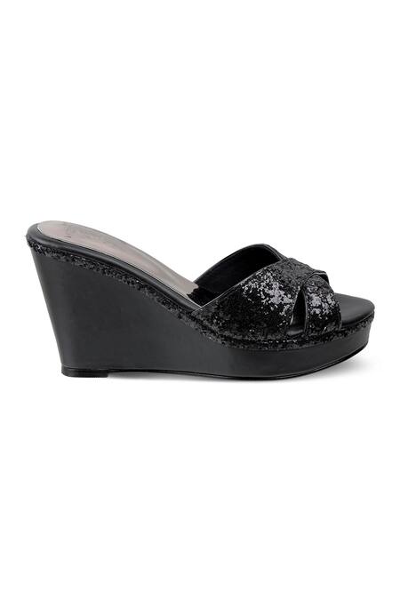 CRIMZON Black Sequins Aiyana Encrusted Cross Strap Wedges Online at Aza Fashions CRIMZON_Black Sequins Aiyana Encrusted Cross Strap Wedges_Online_at_Aza_Fashions