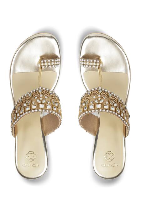 Shop CRIMZON Gold Pearls, Diamonds Inaayat Embellished Kolhapuri Wedges at Aza Fashions Shop_CRIMZON_Gold Pearls, Diamonds Inaayat Embellished Kolhapuri Wedges_at_Aza_Fashions