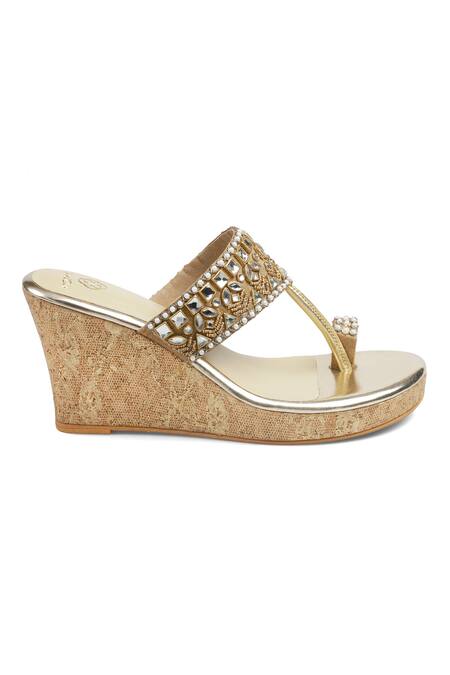 Buy CRIMZON Gold Pearls, Diamonds Inaayat Embellished Kolhapuri Wedges Online at Aza Fashions Buy_CRIMZON_Gold Pearls, Diamonds Inaayat Embellished Kolhapuri Wedges_Online_at_Aza_Fashions