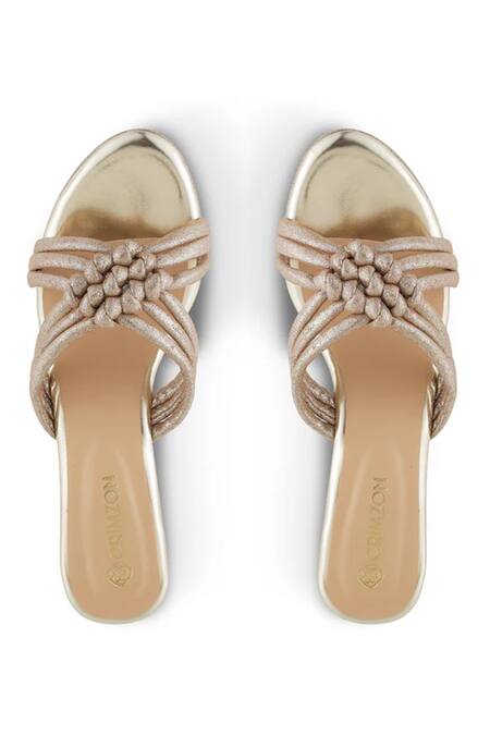 Shop CRIMZON Brown Ribbons Noor Glittery Clustered Strap Wedges at Aza Fashions Shop_CRIMZON_Brown Ribbons Noor Glittery Clustered Strap Wedges_at_Aza_Fashions