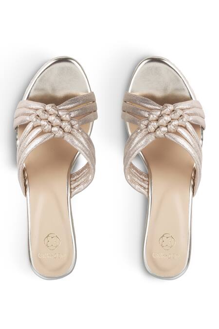 Shop CRIMZON Gold Noor Glimmery Clustered Strap Wedges at Aza Fashions Shop_CRIMZON_Gold Noor Glimmery Clustered Strap Wedges_at_Aza_Fashions