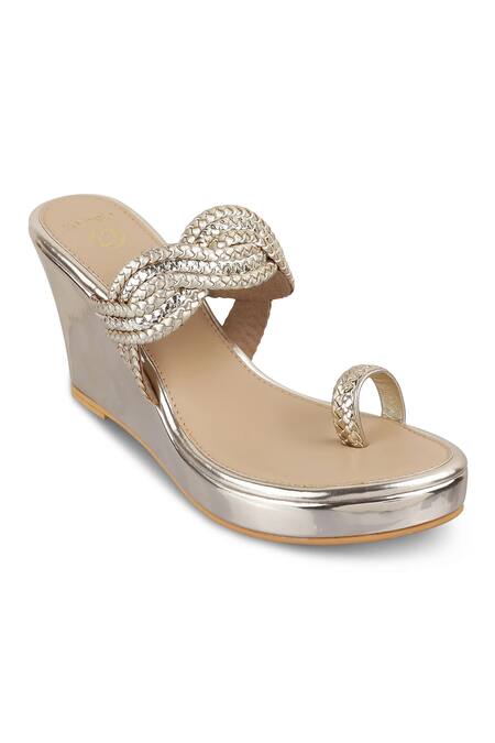 CRIMZON_Gold Nazakat Basketweave Swerve Strap Kolhapuri Wedges_Online_at_Aza_Fashions