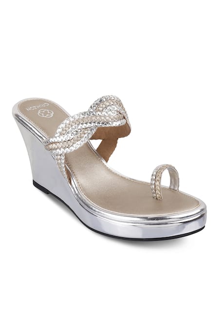 CRIMZON_Silver Nazakat Basketweave Swirl Strap Kolhapuri Wedges_Online_at_Aza_Fashions