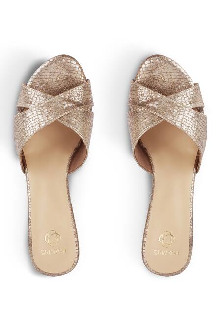 Shop CRIMZON Brown Aiyana Croc Skin Textured Strap Wedges at Aza Fashions Shop_CRIMZON_Brown Aiyana Croc Skin Textured Strap Wedges_at_Aza_Fashions