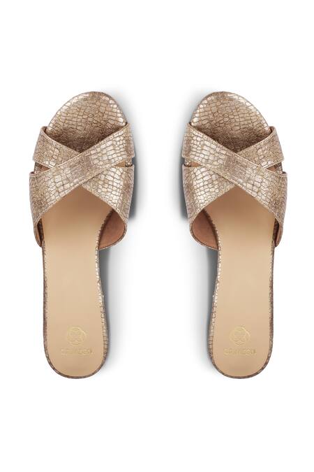 Shop CRIMZON Brown Cut Work Aiyana Croc Skin Textured Strap Slip On Wedges at Aza Fashions Shop_CRIMZON_Brown Cut Work Aiyana Croc Skin Textured Strap Slip On Wedges_at_Aza_Fashions