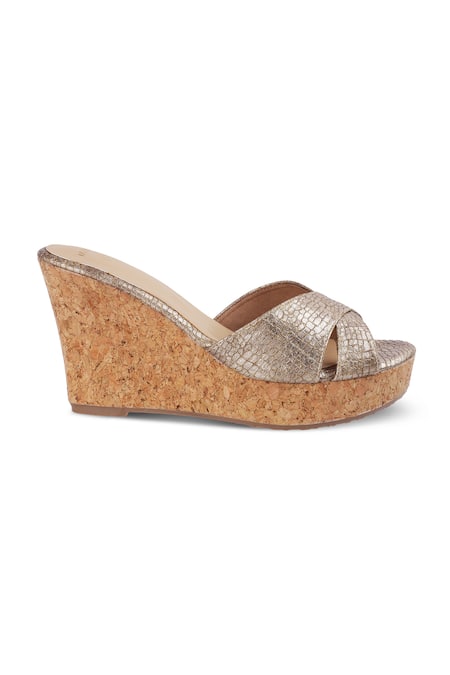 CRIMZON Brown Cut Work Aiyana Croc Skin Textured Strap Slip On Wedges Online at Aza Fashions CRIMZON_Brown Cut Work Aiyana Croc Skin Textured Strap Slip On Wedges_Online_at_Aza_Fashions