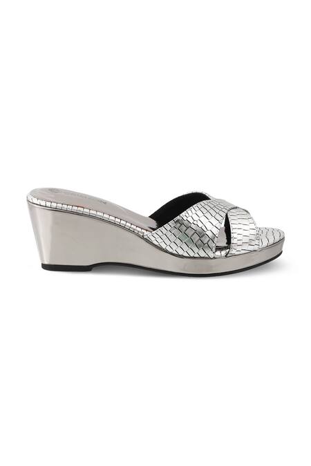 CRIMZON_Silver Aiyana Croc Skin Strap Slip On Wedges_Online_at_Aza_Fashions