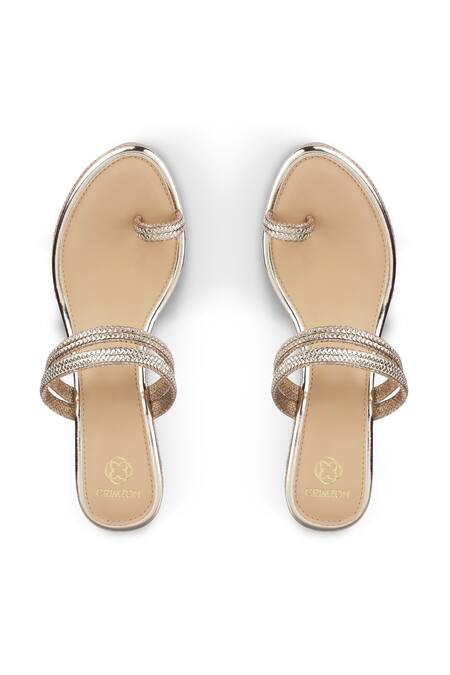 Shop CRIMZON Gold Sequins, Embroidery Shaiza Bloom Kolhapuri Wedges at Aza Fashions Shop_CRIMZON_Gold Sequins, Embroidery Shaiza Bloom Kolhapuri Wedges_at_Aza_Fashions