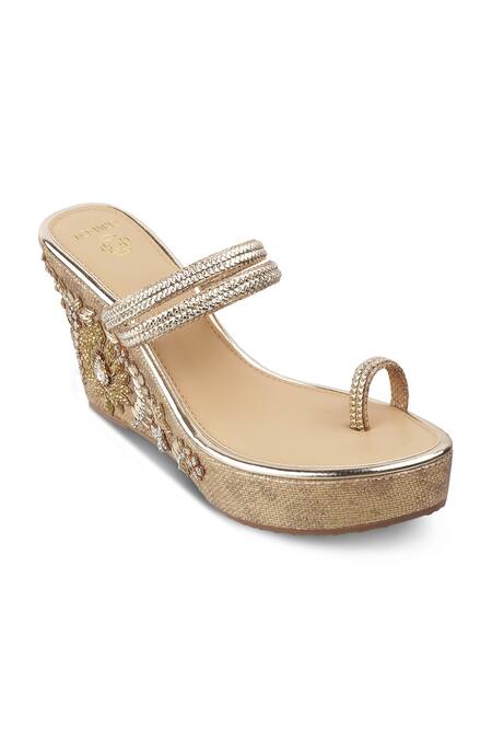 CRIMZON Gold Sequins, Embroidery Shaiza Bloom Kolhapuri Wedges Online at Aza Fashions CRIMZON_Gold Sequins, Embroidery Shaiza Bloom Kolhapuri Wedges_Online_at_Aza_Fashions
