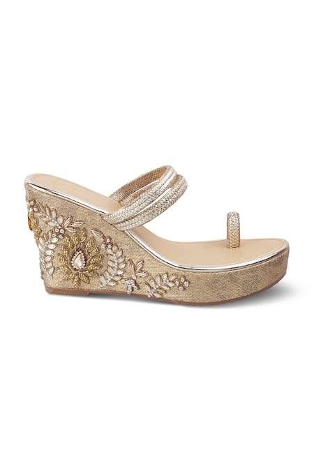 Buy CRIMZON Gold Sequins, Embroidery Shaiza Bloom Kolhapuri Wedges Online at Aza Fashions Buy_CRIMZON_Gold Sequins, Embroidery Shaiza Bloom Kolhapuri Wedges_Online_at_Aza_Fashions