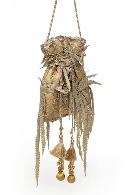 SG Collection By Sonia Gulrajani Gold Embroidery Mastani Floral Patchwork Potli Online at Aza Fashions SG Collection By Sonia Gulrajani_Gold Embroidery Mastani Floral Patchwork Potli _Online_at_Aza_Fashions