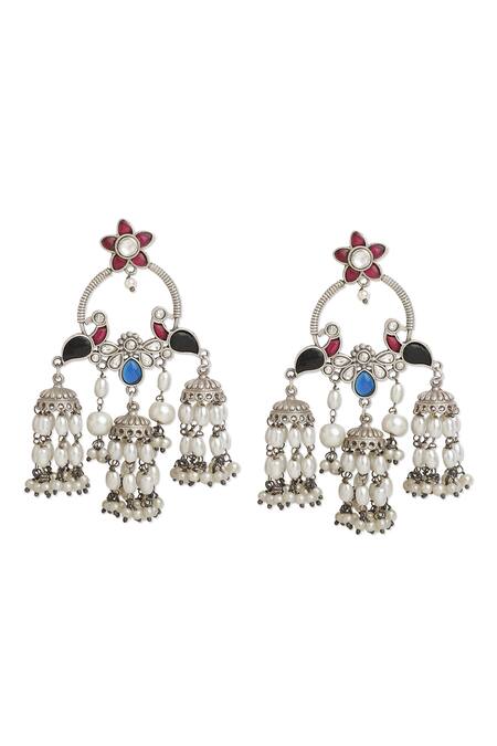 Curio Cottage_Silver Plated Fabric Flowers, Stones Empress Trio Jhumki Earrings_Online_at_Aza_Fashions