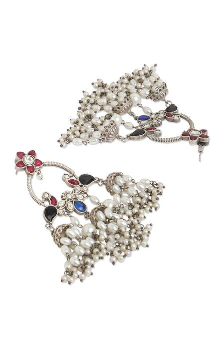 Buy_Curio Cottage_Silver Plated Fabric Flowers, Stones Empress Trio Jhumki Earrings_Online_at_Aza_Fashions