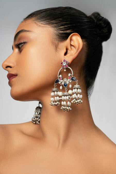 Shop_Curio Cottage_Silver Plated Fabric Flowers, Stones Empress Trio Jhumki Earrings_Online_at_Aza_Fashions