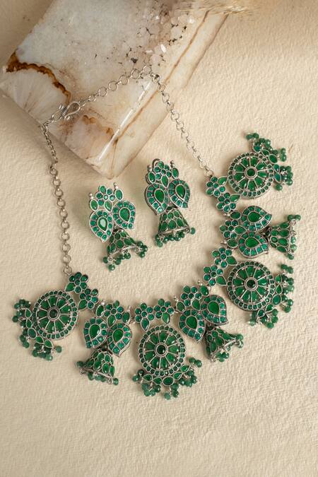 Shop Curio Cottage Silver Plated Stones Bohemian Beauty Oxidised Necklace Set at Aza Fashions Shop_Curio Cottage_Silver Plated Stones Bohemian Beauty Oxidised Necklace Set_at_Aza_Fashions