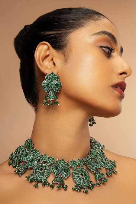 Buy Curio Cottage Silver Plated Stones Bohemian Beauty Oxidised Necklace Set Buy_Curio Cottage_Silver Plated Stones Bohemian Beauty Oxidised Necklace Set