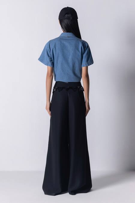 Shop 431-88 By Shweta Kapur Blue Denim Embroidery Shawl Neck Placed Jewel Embellished Shirt at Aza Fashions Shop_431-88 By Shweta Kapur_Blue Denim Embroidery Shawl Neck Placed Jewel Embellished Shirt_at_Aza_Fashions