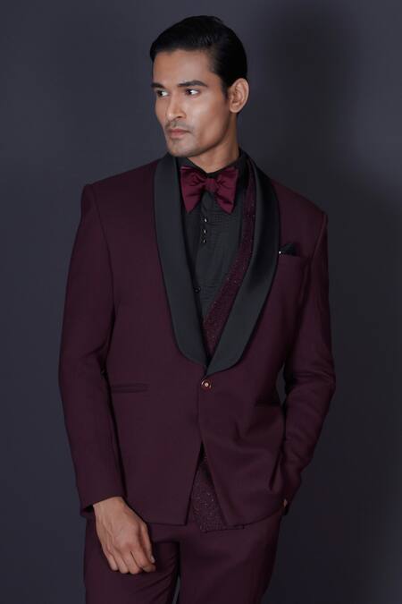 Shop Archana Kochhar Maroon Wool, Cotton, Silk Embroidery, Beads Hand Tuxedo Set Online at Aza Fashions Shop_Archana Kochhar_Maroon Wool, Cotton, Silk Embroidery, Beads Hand Tuxedo Set _Online_at_Aza_Fashions