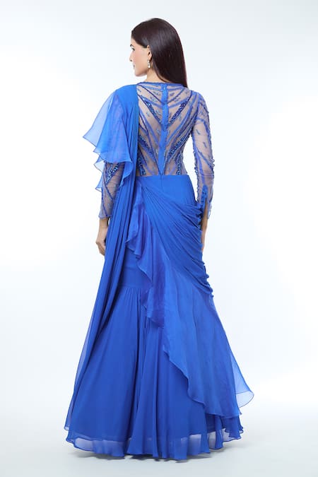 Vivek Patel Teal Blue 3D Patch Work Saree Gown 