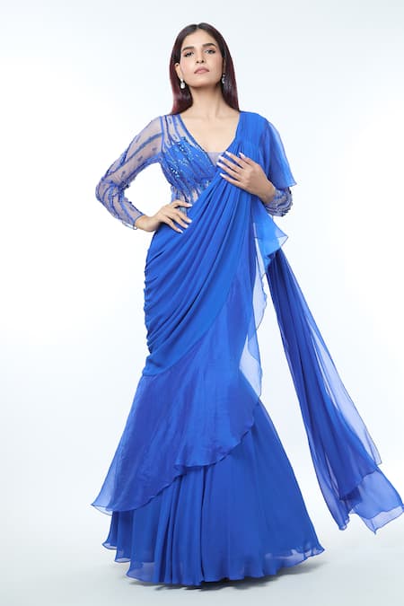 Vivek Patel_Blue Georgette, Silk Organza Sequins, Patchwork, Teal 3d Patch Work Saree Gown _Online_at_Aza_Fashions