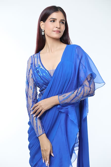 Shop_Vivek Patel_Blue Georgette, Silk Organza Sequins, Patchwork, Teal 3d Patch Work Saree Gown _Online_at_Aza_Fashions