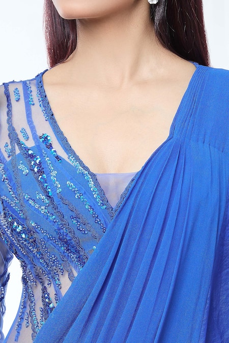 Vivek Patel_Blue Georgette, Silk Organza Sequins, Patchwork, Teal 3d Patch Work Saree Gown _at_Aza_Fashions
