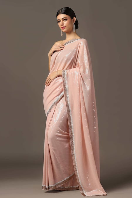 Two Sisters By Gyans_Peach Georgette Sequins, Stones, Embroidery Saree With Unstitched Blouse Piece _Online_at_Aza_Fashions